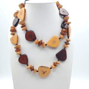 Fruit Pit Brown Beaded Necklace Long Genuine Nut Wood Seed Vintage Boho Jewelry